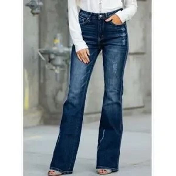 KanCan Ultra High Rise Flare Jeans Rigid Denim Distressed Raw Hem Women 26 - Picture 1 of 12